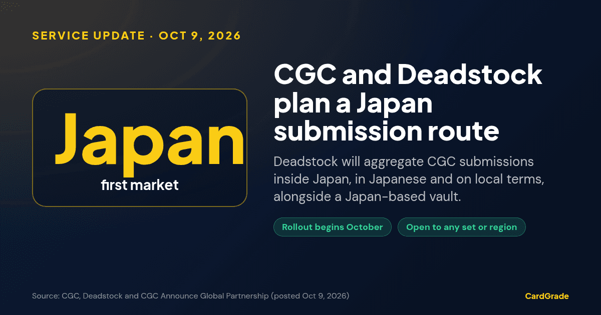 CardGrade stat card: Japan is the first market for the Deadstock and CGC partnership announced October 9, 2026; rollout begins October; route open to any set or region.