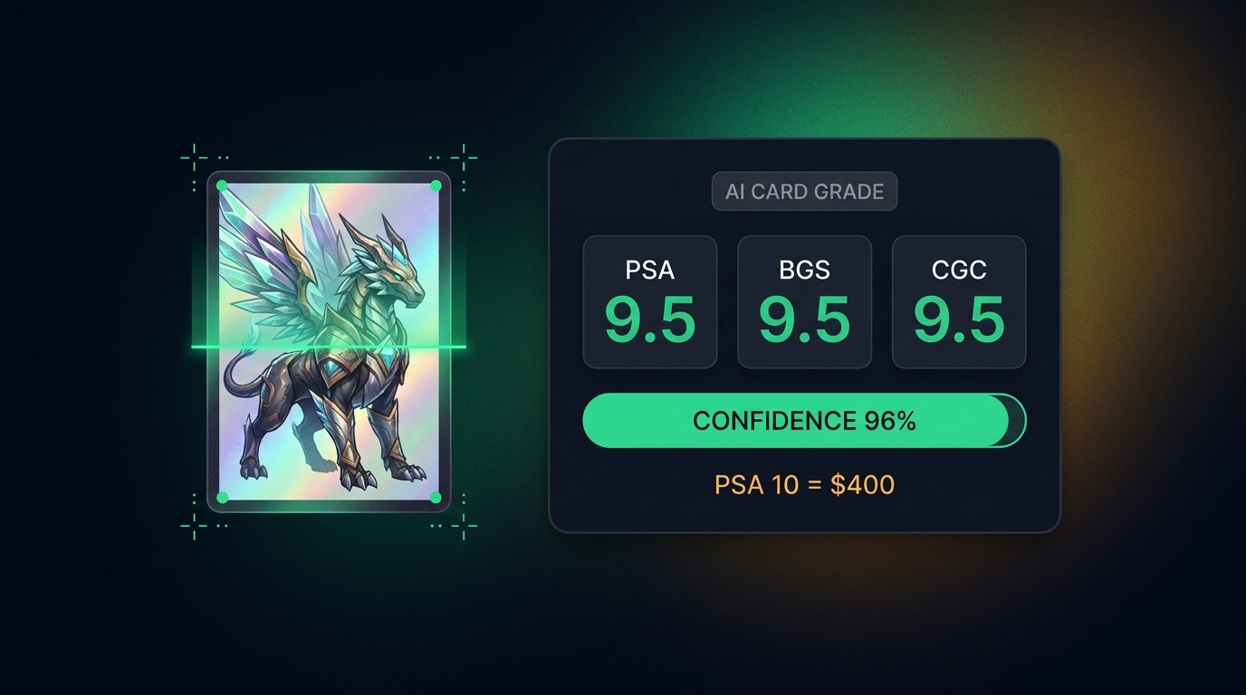 CardGrade AI result panel predicting PSA 9.5, BGS 9.5, and CGC 9.5 with a 96% confidence score and a $400 PSA 10 market value
