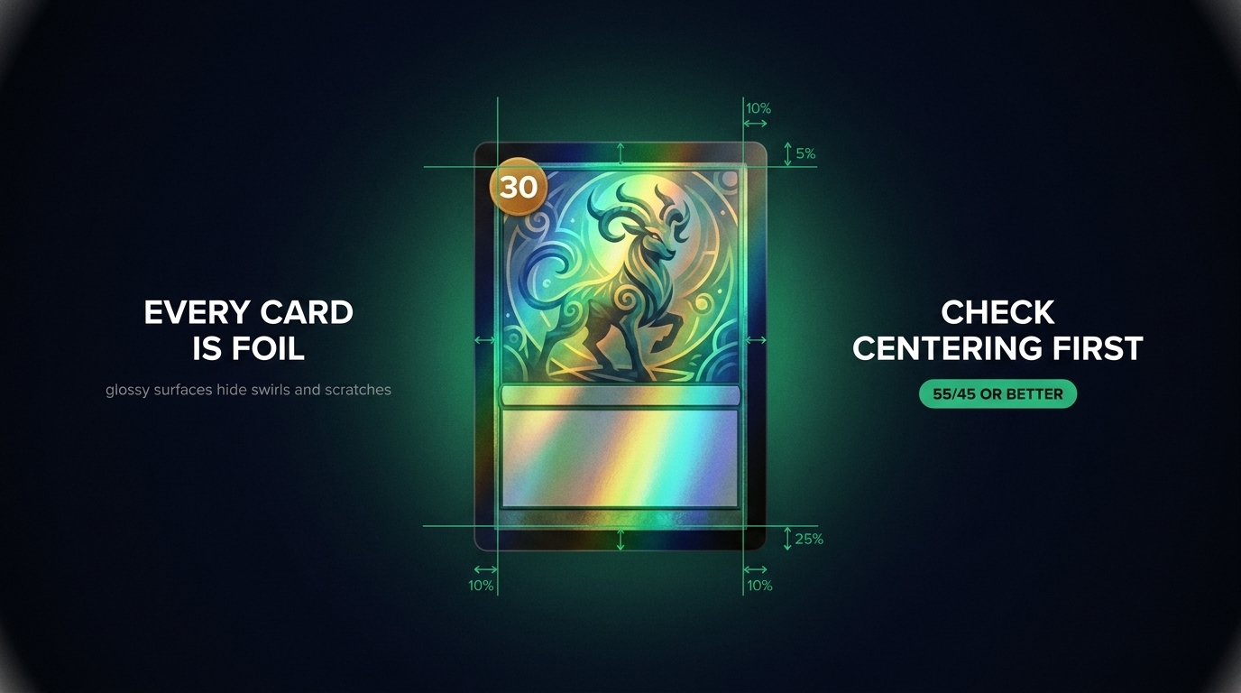 Infographic showing an all-foil card with centering guide lines, warning that every card is foil so centering should be checked first
