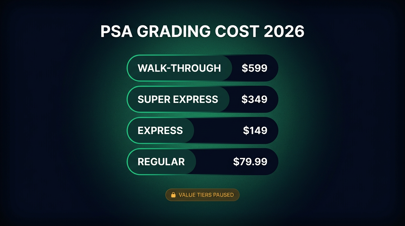 PSA 2026 grading cost by service tier — Regular $79.99, Express $149, Super Express $349, Walk-Through $599, with Value tiers paused