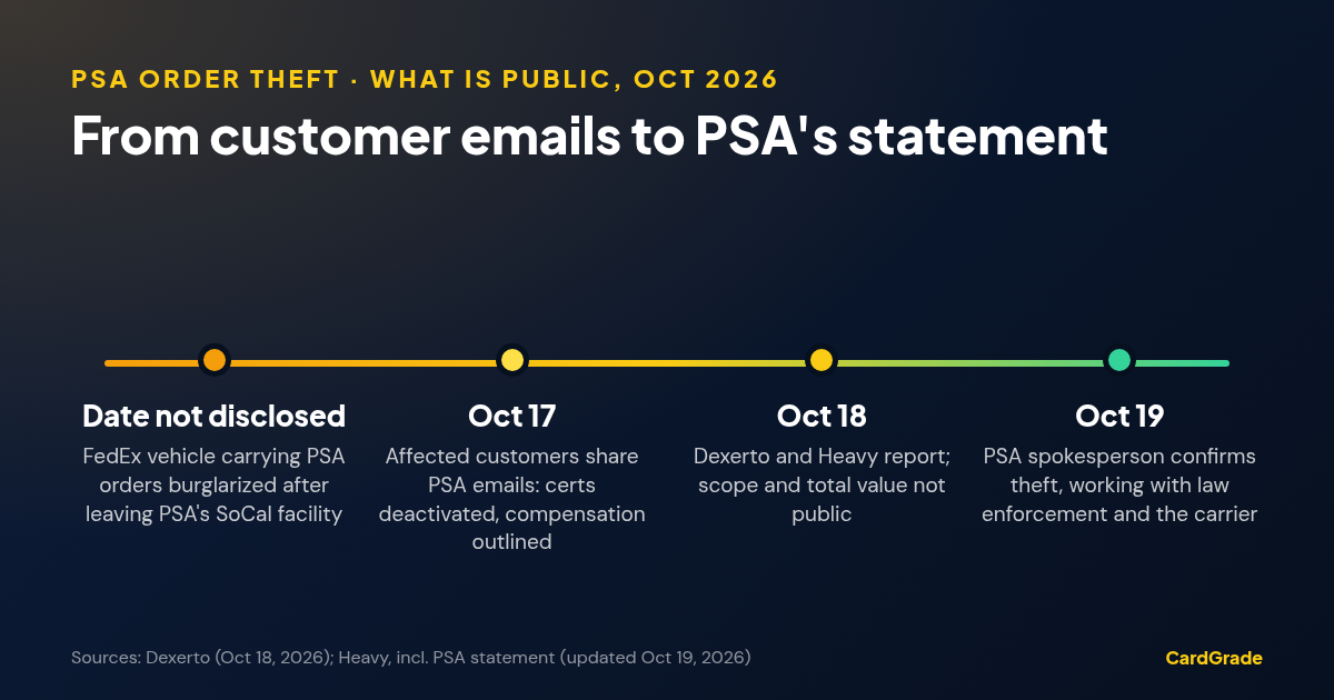 Timeline of the PSA order theft: burglary date not disclosed; October 17 affected customers share PSA emails; October 18 Dexerto and Heavy report; October 19 PSA spokesperson confirms the theft.