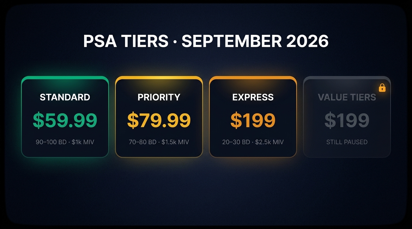 PSA September 2026 pricing: Standard $59.99, Priority $79.99, Express $199, Value tiers still paused