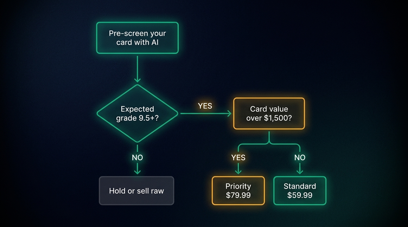 Decision flowchart: Pre-screen your card, check expected grade, then match tier to card value